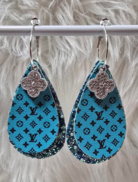 Turquoise & Black Interchangeable Teardrop Earrings with Rhinestone Charms