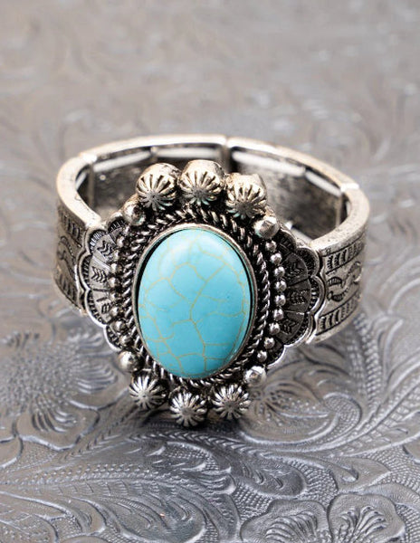 Western - Turquoise Hatfield Lane Silvertone Stretch Bracelet