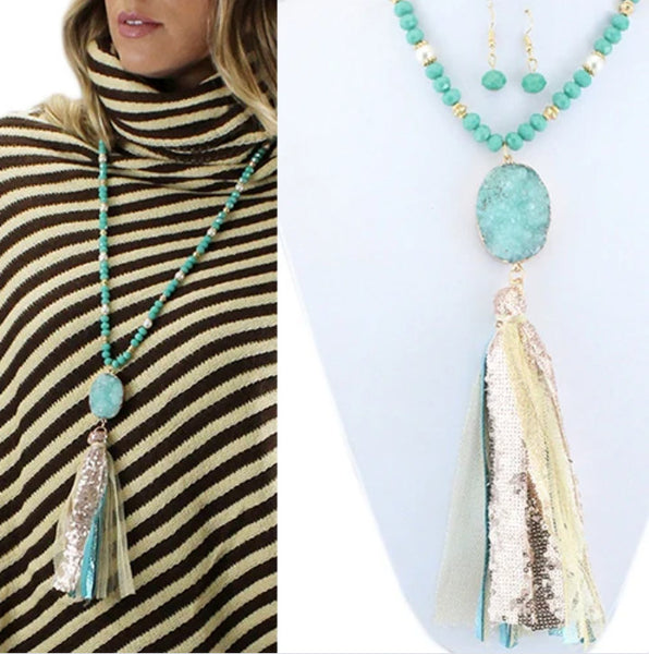 Turquoise Natural Stone Tassel Necklace Set