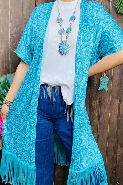 Blue Tooled Leather Print Long Duster/Cardigan with Fringe