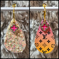 Pink Orange Ombre & Black Interchangeable Teardrop Earrings with Rhinestone Charms