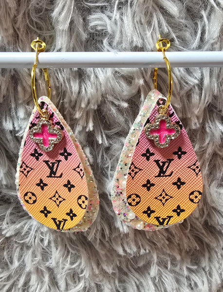 Pink Orange Ombre & Black Interchangeable Teardrop Earrings with Rhinestone Charms