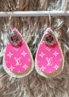 Pink & White Interchangeable Teardrop Earrings with Rhinestone Charms