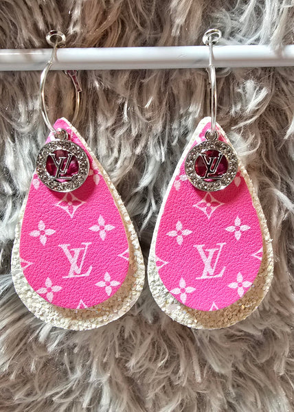 Pink & White Interchangeable Teardrop Earrings with Rhinestone Charms