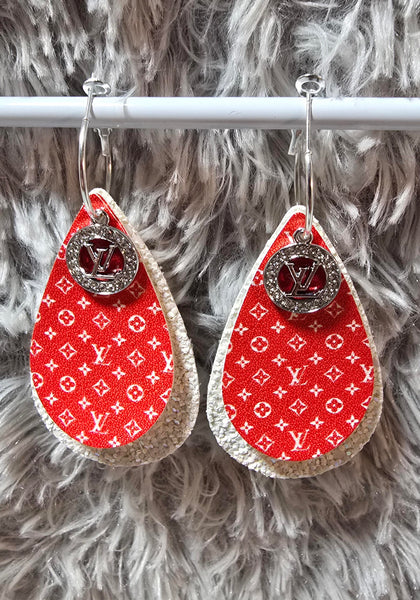 Red & White Interchangeable Teardrop Earrings with Charms