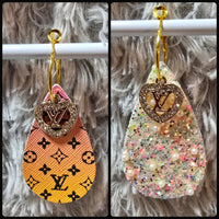 Yellow Orange Ombre & Black Interchangeable Teardrop Earrings with Rhinestone Charms