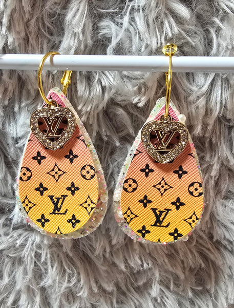 Yellow Orange Ombre & Black Interchangeable Teardrop Earrings with Rhinestone Charms