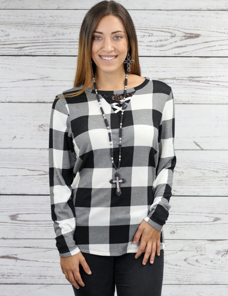 Black & White Buffalo Plaid Long Sleeve Criss Cross Top With Lace Accent