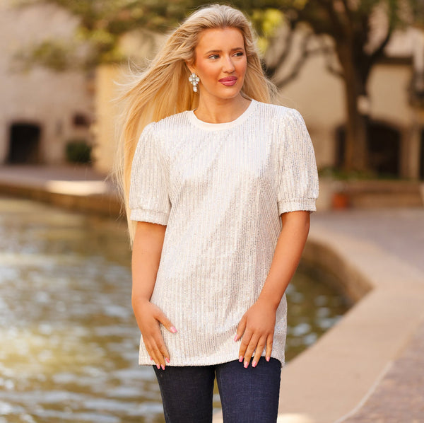 White - Sequin Short Sleeve Top