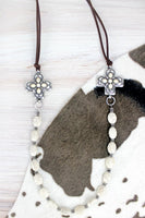 Howlite White Beaded Double Square Cross Cord Necklace