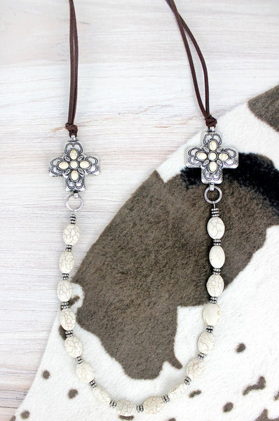 Howlite White Beaded Double Square Cross Cord Necklace