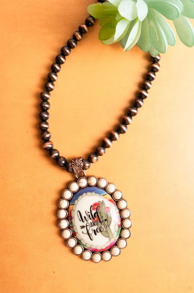 White Stone "Wild & Free" Pendant Copper Pearl Necklace