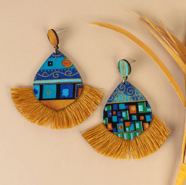 Abstract Tassel Earrings (Blue & Gold)