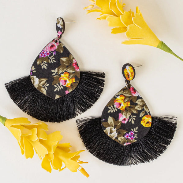 Floral Tassel Earrings (Black)