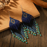 Boho-Chic Royal Blue Beaded Long Tassel Earrings