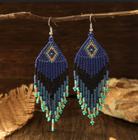 Boho-Chic Royal Blue Beaded Long Tassel Earrings