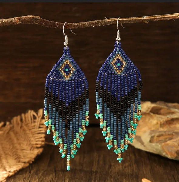 Boho-Chic Royal Blue Beaded Long Tassel Earrings