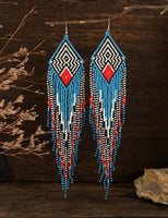 Boho-Chic Blue Beaded Long Tassel Earrings