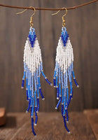 Boho-Chic Blue & White Beaded Long Tassel Earrings