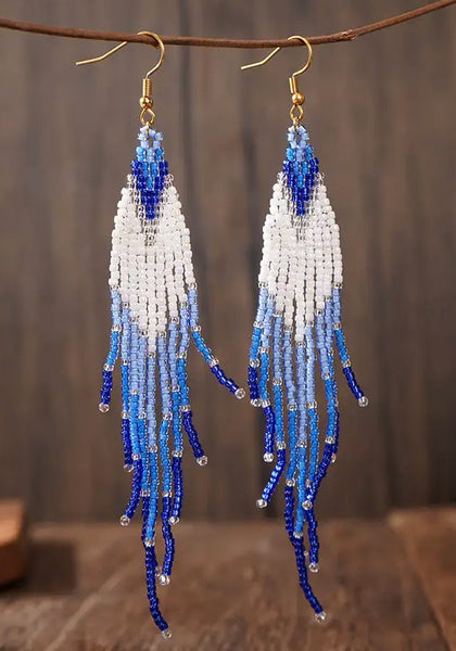 Boho-Chic Blue & White Beaded Long Tassel Earrings