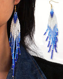 Boho-Chic Blue & White Beaded Long Tassel Earrings