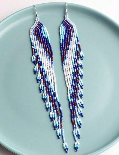 Gradient Bohemian Long Beaded Tassel Earrings (6 Color Choices)