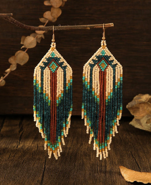 Boho-Chic Blue & Brown Beaded Long Tassel Earrings