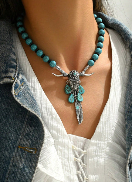 Western Turquoise Steer Necklace & Matching Bracelet