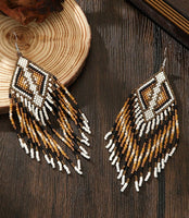 Boho-Chic Brown Beaded Long Tassel Earrings
