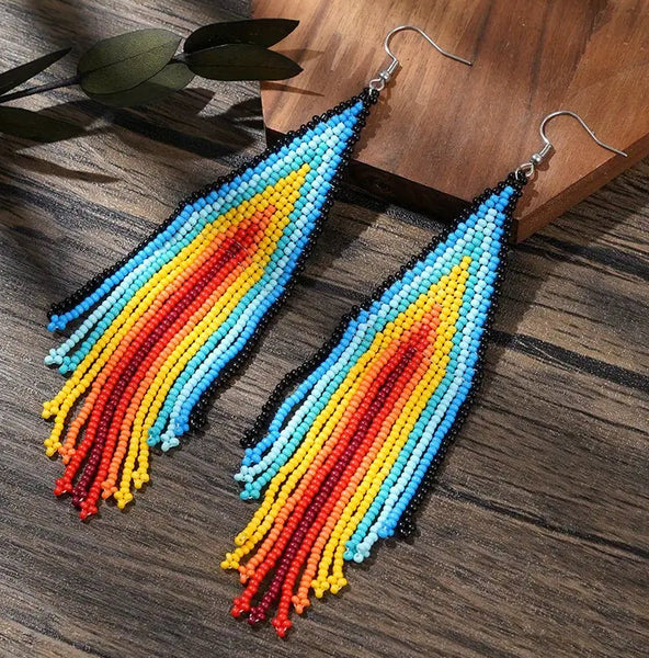 Boho-Chic Rainbow Beaded Long Tassel Earrings