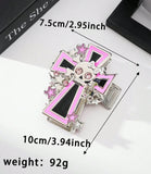HALLOWEEN - Large Pink & Black Cross, Stars, & Skull Silver-Tone Hair Claw