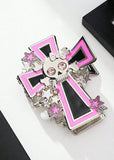 HALLOWEEN - Large Pink & Black Cross, Stars, & Skull Silver-Tone Hair Claw