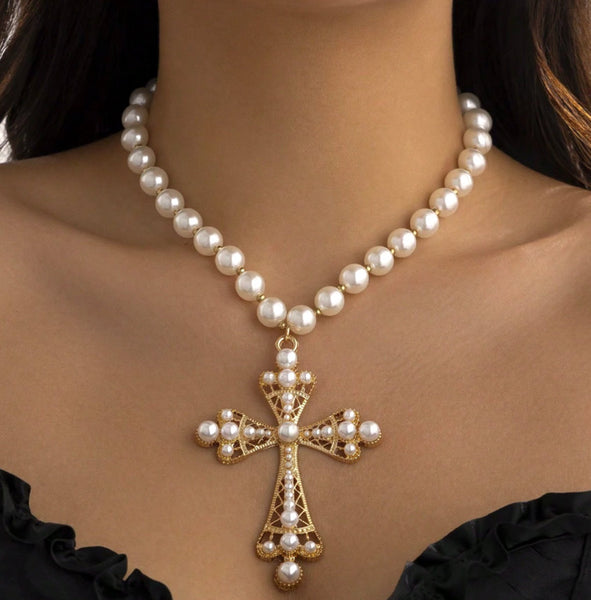 Elegant Pearl Cross Necklaces (3 Color Options)