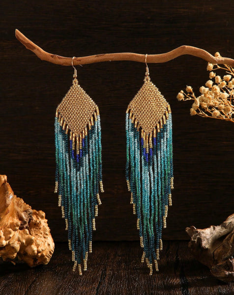 Boho-Chic Blues & Gold Beaded Long Tassel Earrings