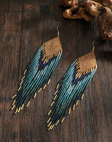Boho-Chic Blues & Gold Beaded Long Tassel Earrings