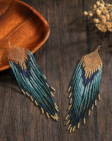Boho-Chic Blues & Gold Beaded Long Tassel Earrings