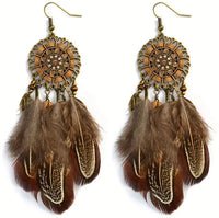 Boho-Chic Dream Catcher Earrings (Brown & Gold)