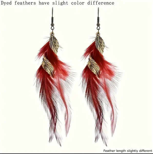 Bohemian Style Gold Spirals & Feather Earrings (7 Color Choices)