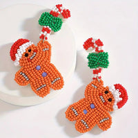 CHRISTMAS Beaded Gingerbread Boy Dangling from a Candy Cane Earrings