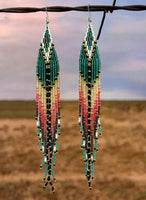 Boho-Chic Teal Green Beaded Long Tassel Earrings