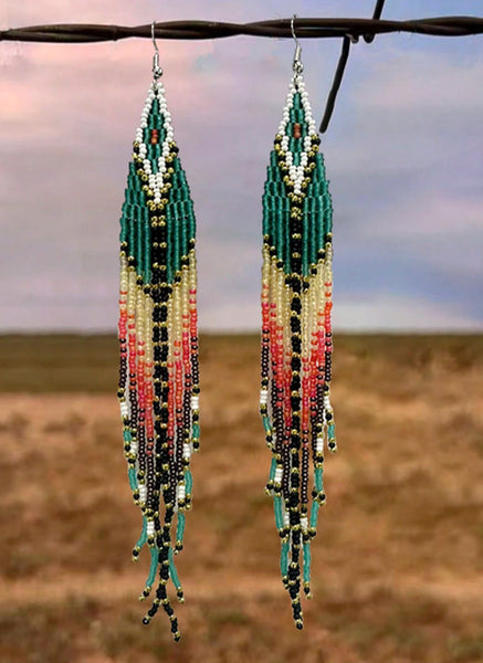 Boho-Chic Teal Green Beaded Long Tassel Earrings