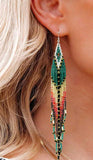 Boho-Chic Teal Green Beaded Long Tassel Earrings