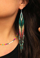Boho-Chic Teal Green Beaded Long Tassel Earrings