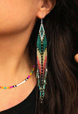 Boho-Chic Teal Green Beaded Long Tassel Earrings