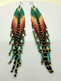 Boho-Chic Teal Green Beaded Long Tassel Earrings