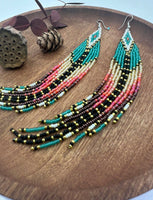 Boho-Chic Teal Green Beaded Long Tassel Earrings