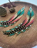 Boho-Chic Teal Green Beaded Long Tassel Earrings
