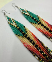 Boho-Chic Teal Green Beaded Long Tassel Earrings