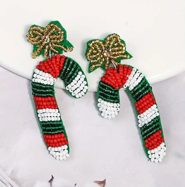 CHRISTMAS - Candy Cane Seed Bead Earrings (Green)