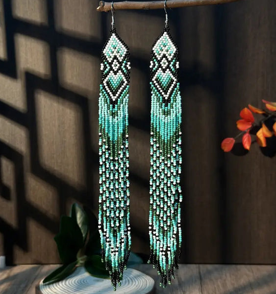 Boho-Chic Greens Beaded Long Tassel Earrings